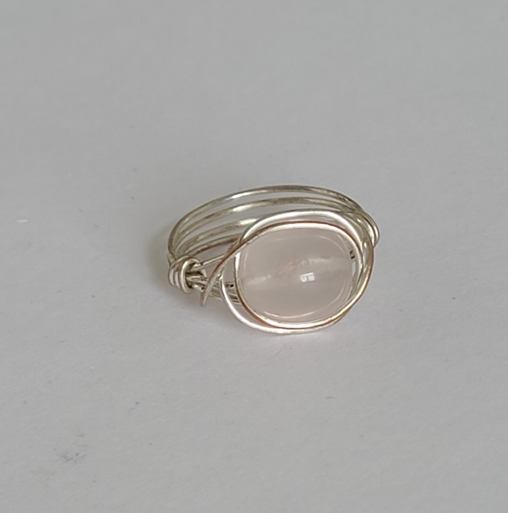 Handmade Boho Light Pink Rose Quartz Silver Tone Wire Wrapped Feminine Ring